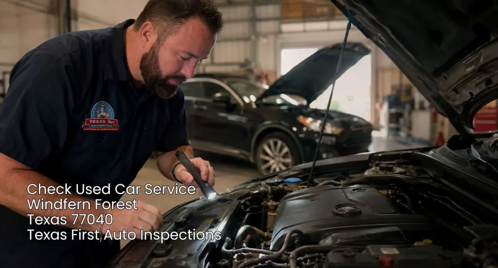 Professional inspector examining an engine bay to check used car service Houston buyers trust at a local repair shop.