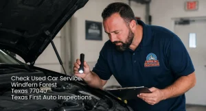 Mechanic holding a flashlight and clipboard to check used car service Houston options at Texas 1st Auto Inspections.