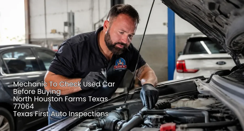 Mobile mechanic to check used car before buying in North Houston Farms Texas 77064 by Texas 1st Auto Inspections.