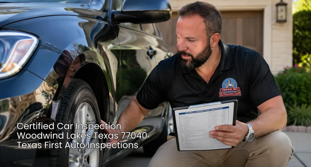 Professional inspector checking tire depth during a certified car inspection Houston with a detailed printed checklist. 