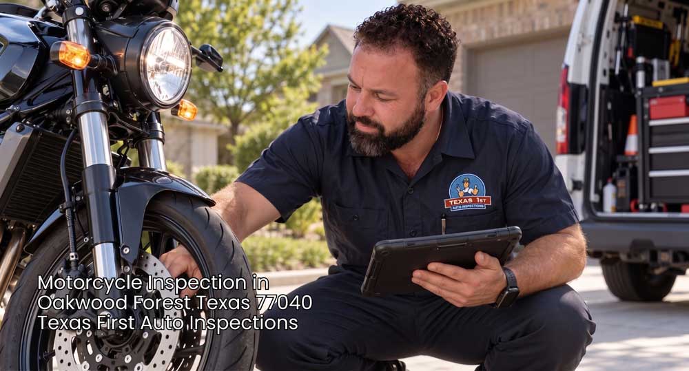 Mobile technician performing a front tire motorcycle inspection Houston service using a digital tablet outdoors.