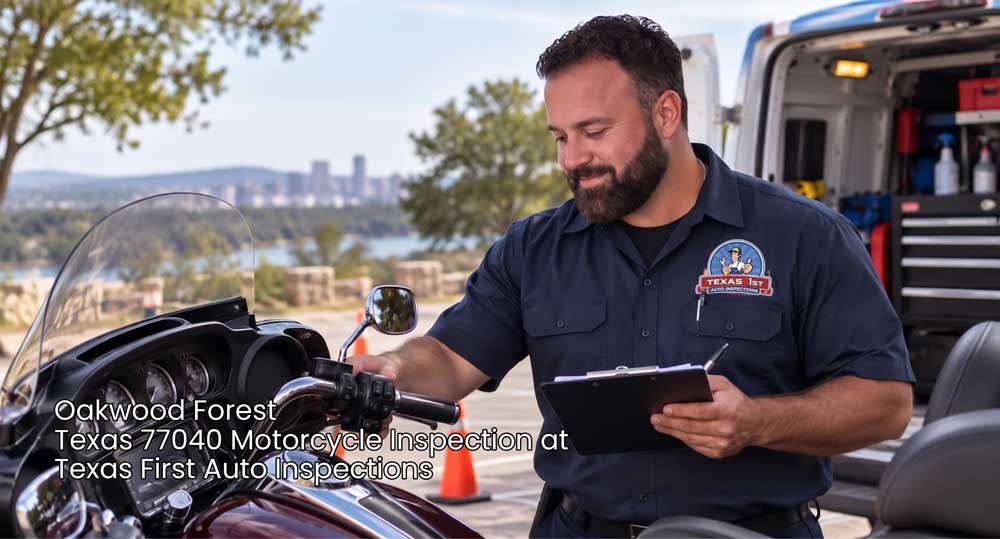 Professional technician checking handlebars during an outdoor motorcycle inspection Houston service in Texas.