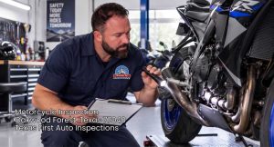 Technician inspecting bike frame and exhaust during a motorcycle inspection Houston service at Texas 1st shop.