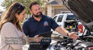 Mechanic explaining engine details during a pre purchase auto inspection service in Woodland Oaks Houston TX.