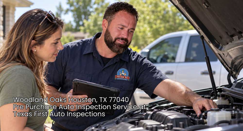 Mechanic pointing out engine components during a pre purchase auto inspection service in Houston Texas.