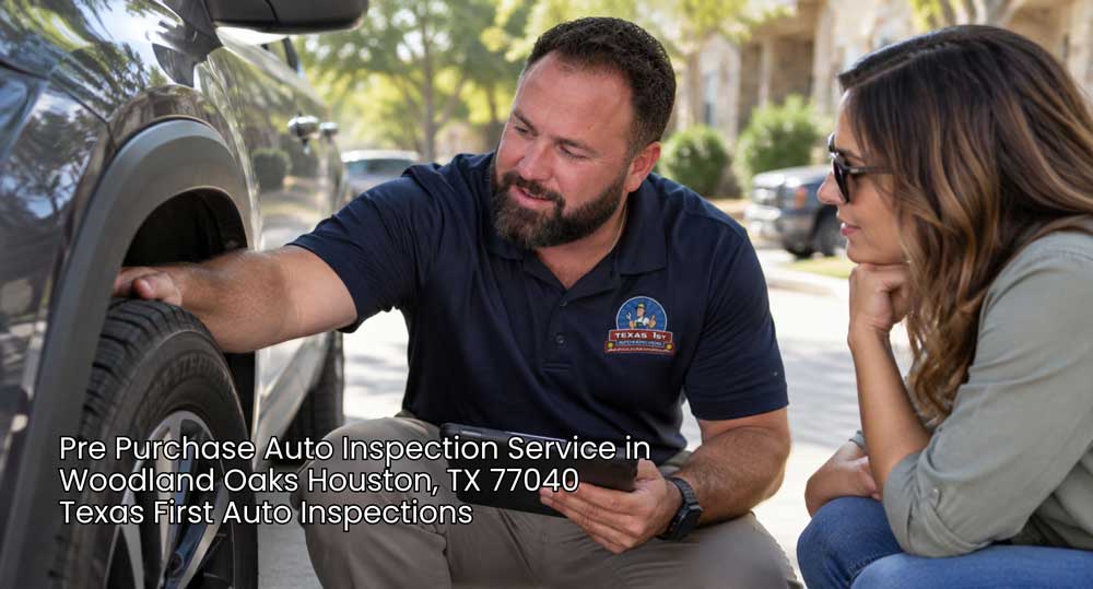 Mechanic performing a pre purchase auto inspection service on a tire for a customer in Woodland Oaks Houston TX.