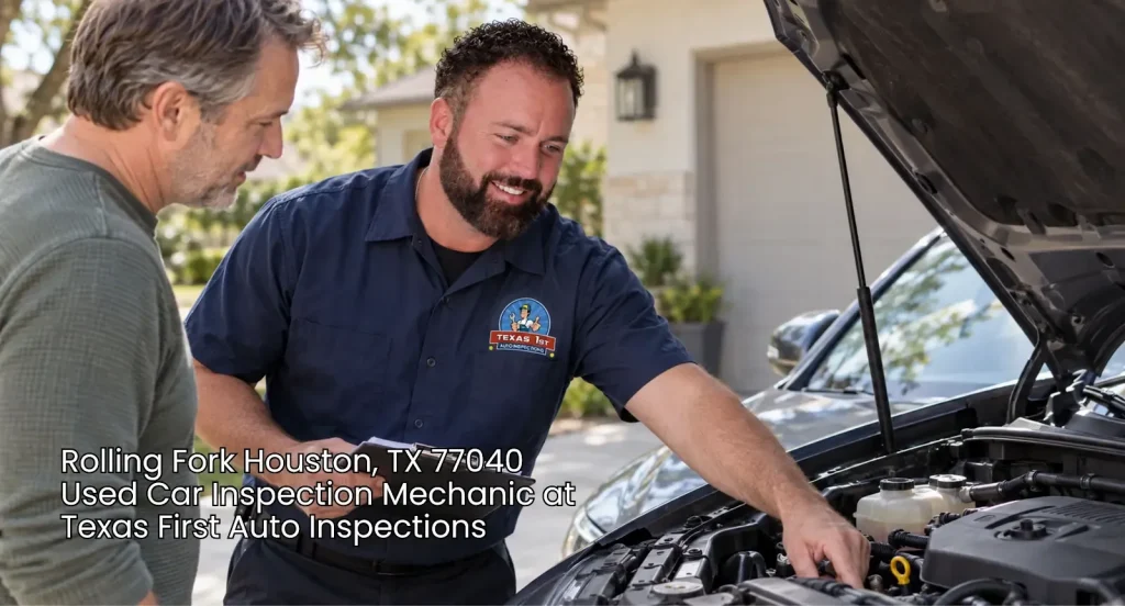Experienced used car inspection mechanic checking under the hood of an open vehicle engine bay with a customer.