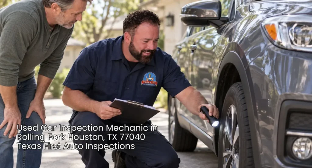 Certified used car inspection mechanic using a flashlight to inspect vehicle tires during a pre-purchase review.